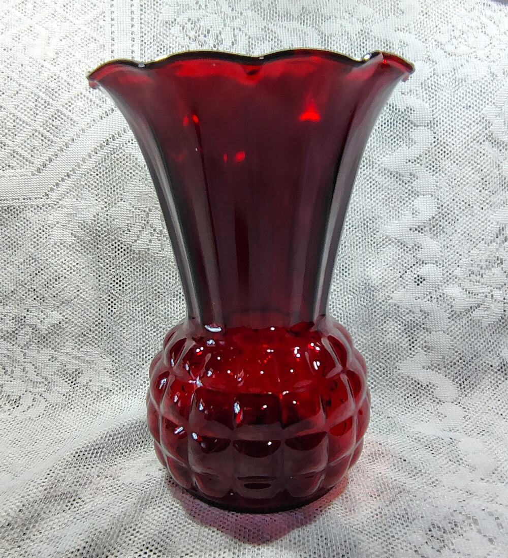 Vintage Anchor Hocking Royal Ruby Flared Ruffled Vase - Pineapple Shaped MCM